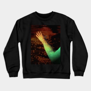 Digital collage and special processing. Ugly close up, amazing on distance. Hand, warm evening water view. Green on hand. Crewneck Sweatshirt